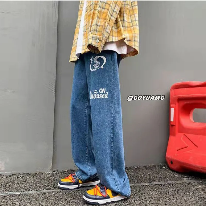 Autumn New Streetwear Retro Hip-hop Letter Printing Jeans Loose Straight-leg Pants Wide-leg Pants For Men And Women Couples