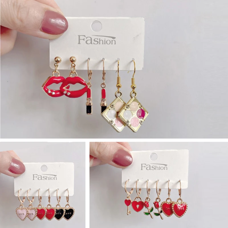 

3PRS Earrings Set Love Heart Lock Key Rose Cosmetic Lipstick Red Lips Earrings For Women Trendy Jewelry Gifts Pendientes Cерьги
