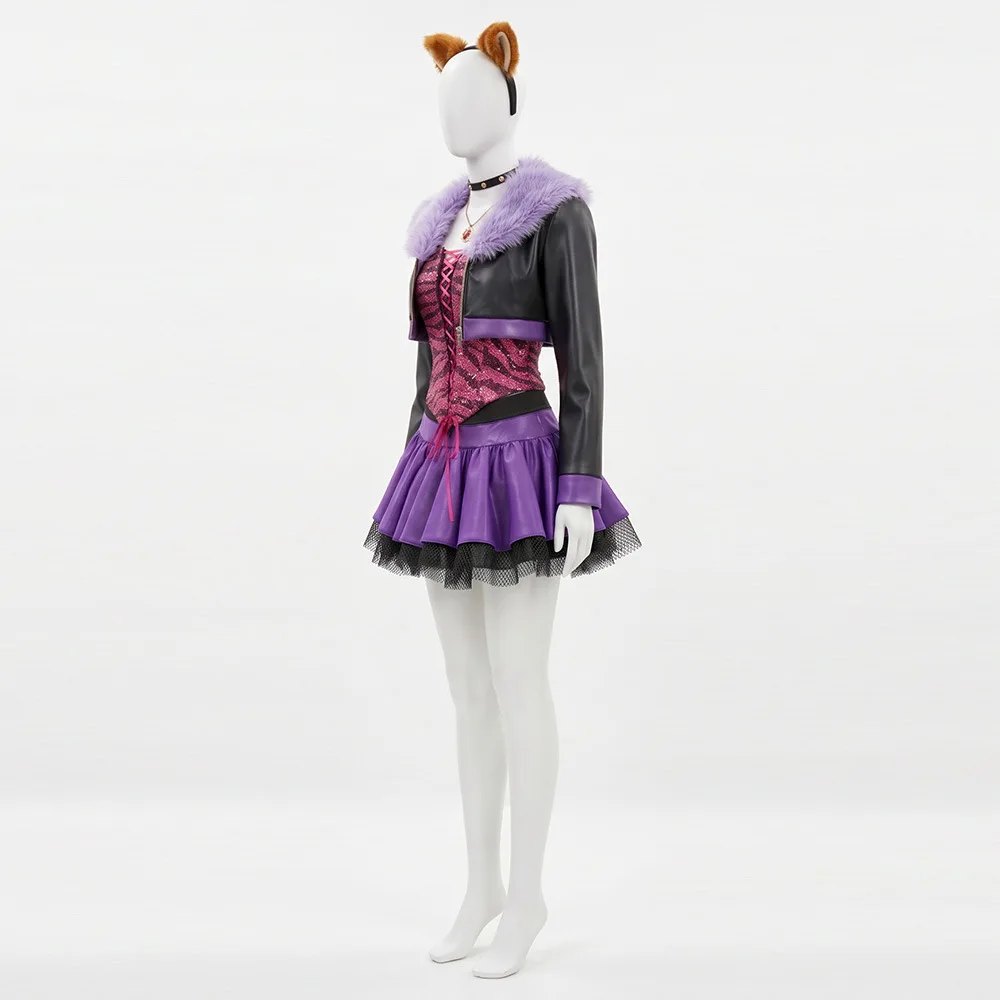 Фото Косплей костюм Clawdeen Wolf, фиолетовое сексуальное платье в стиле готик-панк Y2K для женщин, наряд девушки-волка на Хэллоуин с волчьими ушами №5