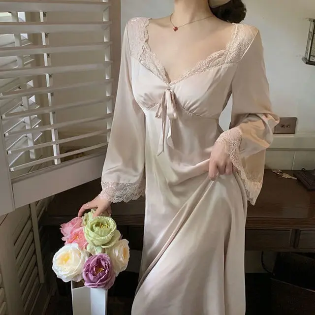 Women Nightgowns New French Style Sexy Solid Bow Long Sleeve Loose Sleepwear Classy Leisure Sweet Homewear Popular Sleepshirts