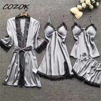 cozok womens pyjamas suits silk summer autumn spring sleepgown robes 4 pieces elastic waist pants lounge sleepwear home clothes