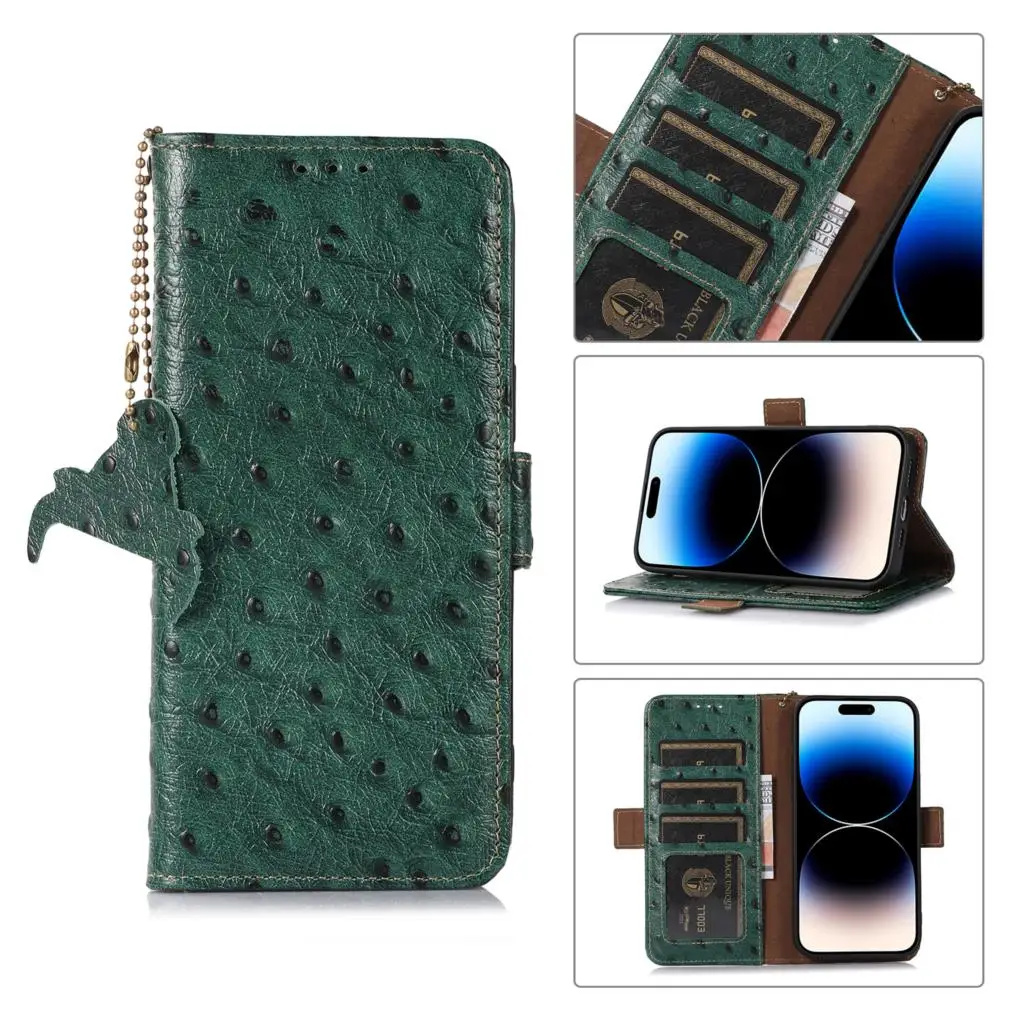 

Handmade Genuine Cowhide Leather Flip Case For iPhone 14 Pro Max Plus 13 Ostrich Pattern RFID Card Slots Magnetic Wallet Cover