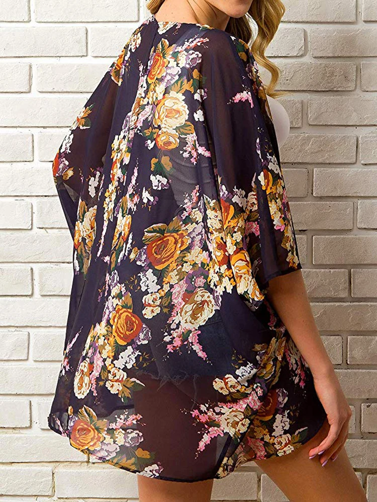 Летнее женское шифоновое кимоно с цветочным принтом пляжный кардиган прозрачная