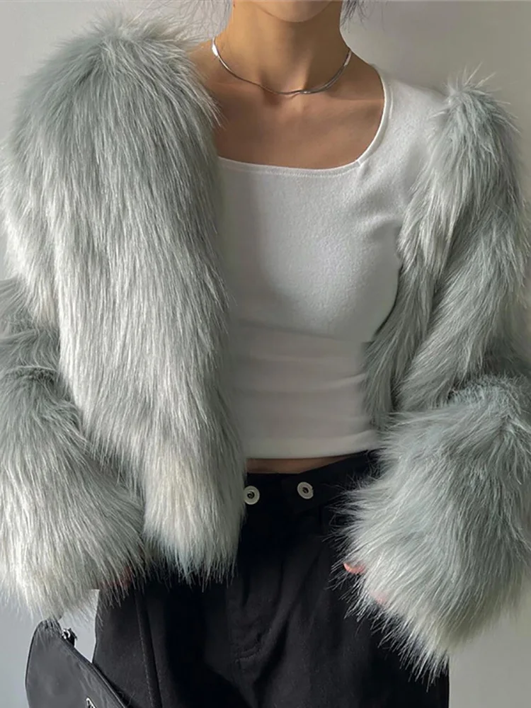 ALLNeon Winter 2022 Vintage 90s Solid Basic Fake Fur Coats Y2K Clubwear Shaggy O-neck Long Sleeve Cropped Jackets Women Cardigan