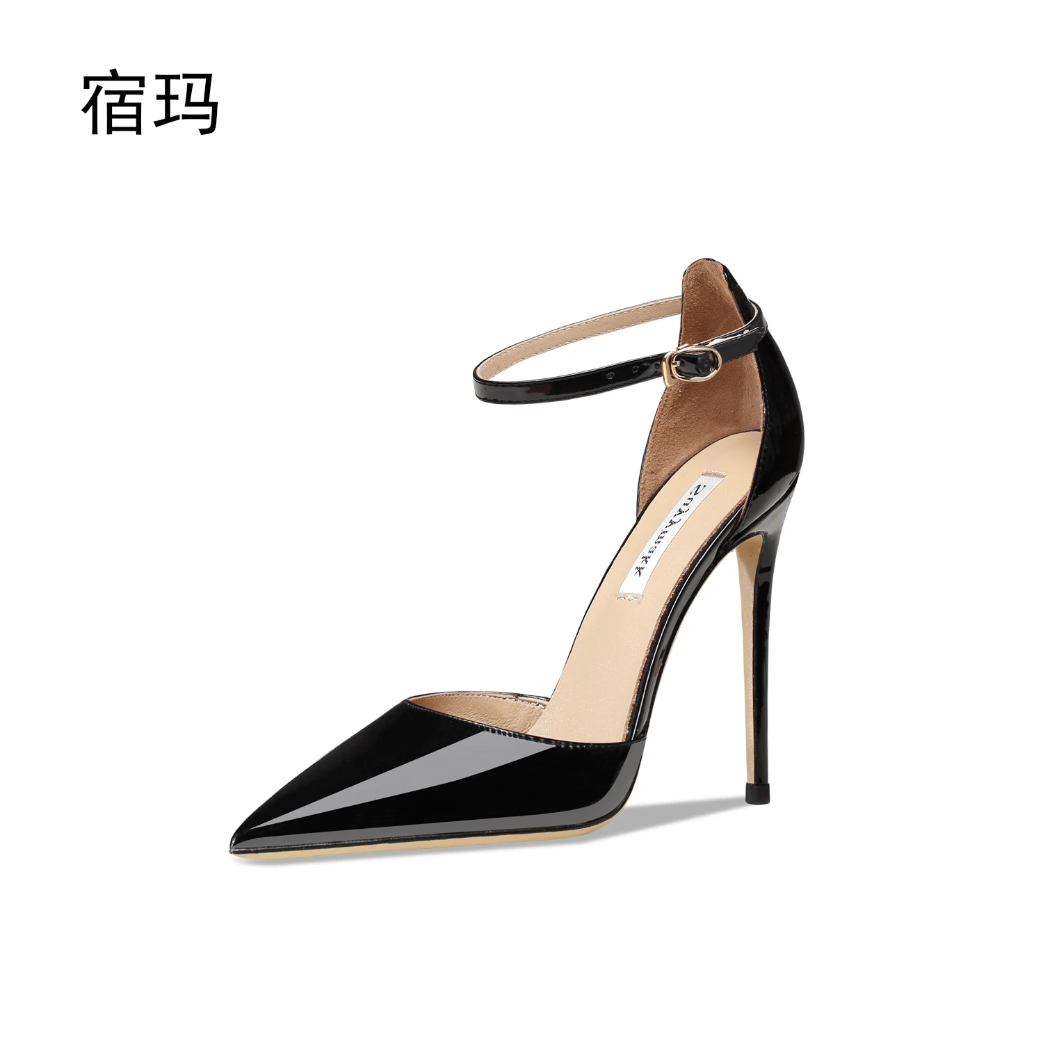 2023 Ankle Strap Women Sandals Star Style Patent Leather Pointed Toe Pumps Summer Gladiator Lady Shoes Fashion High Heels Black