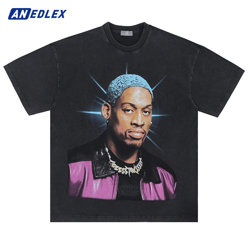 

Men Streetwear Washed Tshirt Hip Hop Oversized Rodman Portrait Graphic Print T-Shirt Harajuku Summer T Shirt Cotton Tops Tees