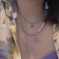 korean style heart crystal choker necklaces for women purple rhinestone pearl saturn necklaces party statement jewelry gifts