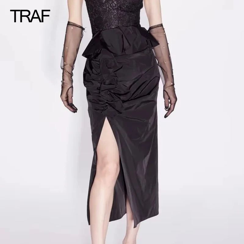 

TRAF Black Ruffle Long Skirt Women High Waisted Pencil Skirt Slit Elegant Fashion Woman Skirts 2022 Pleated Autumn Winter Skirts