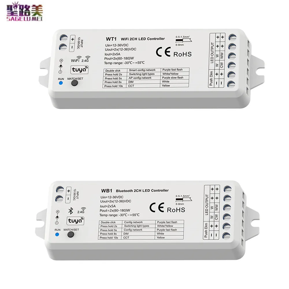 

WT1 WB1 2CH * 5A RF 2,4G дистанционный WiFi RF Tuya App светодиодный диммер DC12-24V/36В 2-канальный переключатель регулировки яркости WW CW CCT светодиодный контрол...