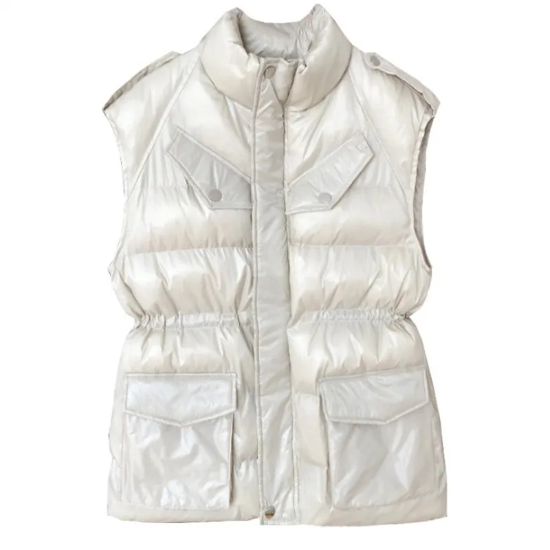 2021 Winter Warm Down Coat Women Fashion Shiny Vest Zipper Pocket Vest Coat Sleeveless Cotton Parkas Women Femme Tops Streetwear