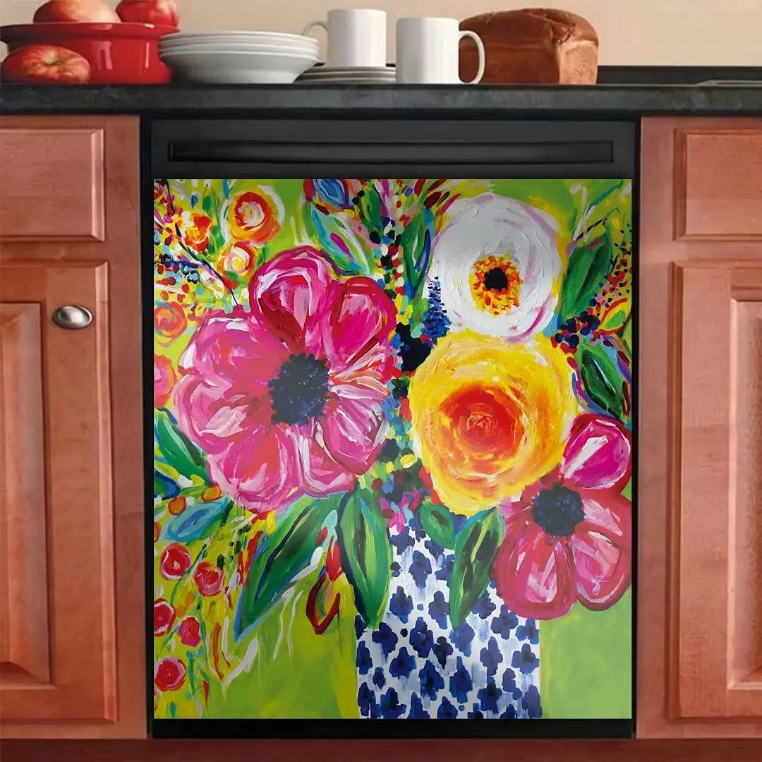 

Kitchen Dishwasher Sticker for Metal Washers,Beautiful Colorful Vase Flowers Oil Painting Refrigerator Sticker,Magnetic Dishwash