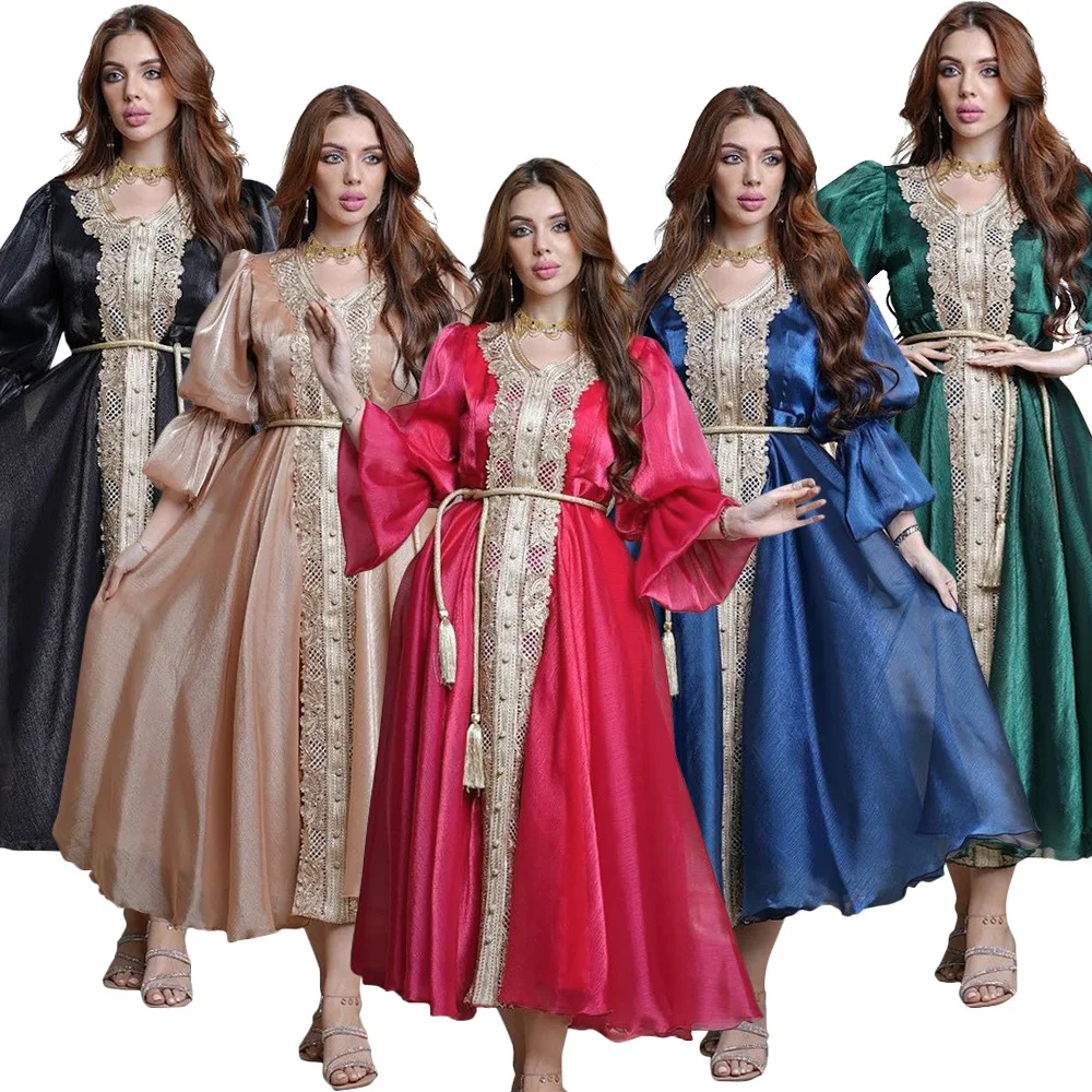 Muslim Arab Middle East Turkish Lantern Sleeve Belt Temperament Evening Gown Dress