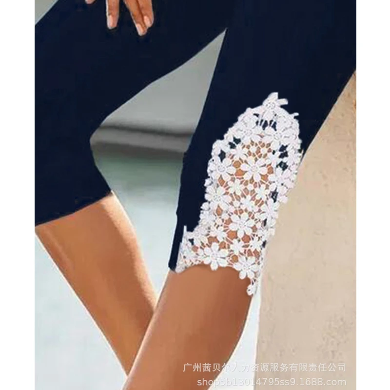 Summer Leggings Women's Fashion Printed Lace Stitching Pants Shorts Women's Casual High Waist Hollow Out Pencil Leggings