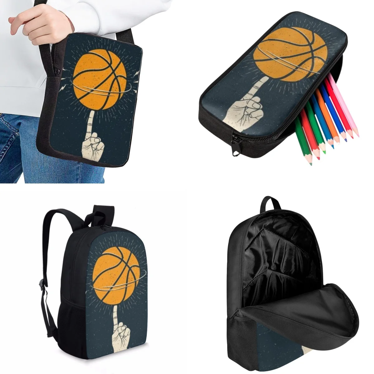 Jackherelook Artistic Basketball Pattern Children's School Bag 3pcs Set Boys Fashion Sports Backpacks Casual Kids Book Bags