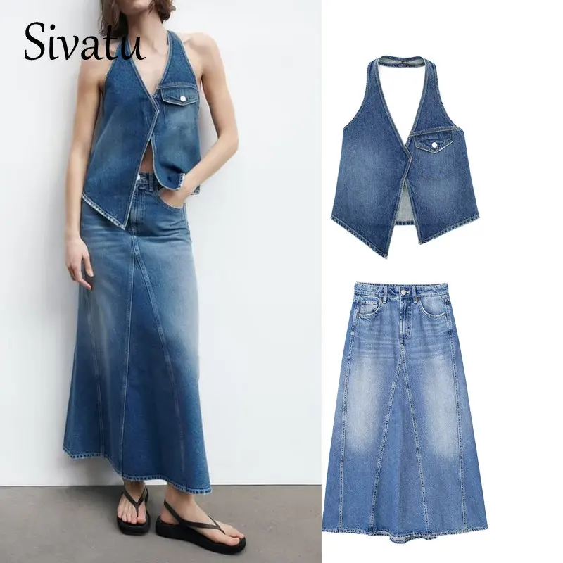 

Sivatu Traf Y2k Streetwear Skirt 2 Piece Set Demin Sleeveless Vest Woman + Maxi Skirt Denim Jeans Vintage New In Matching Sets