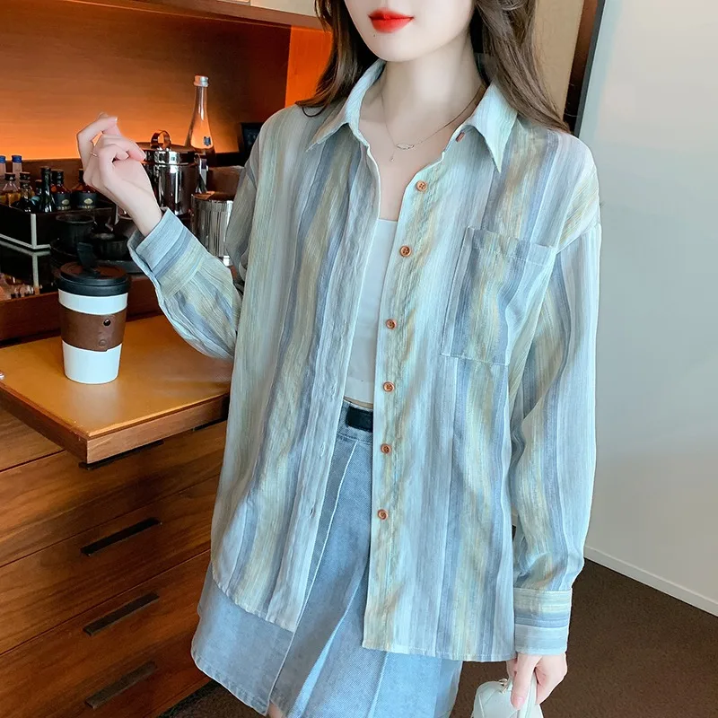 Chiffon Sun Protective Clothes Coat Shirt Summer 2025 New Arrival Women's Long Sleeves Cardigan Stripes Tops Spring &amp Fall |