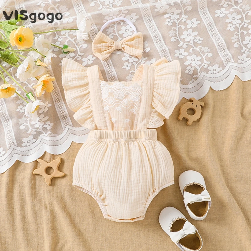 

VISgogo Infant Baby Girls Cotton Linen Romper Lace Embroidery Ruffles Fly Sleeve Square Neck Jumpsuits Bodysuits with Headband