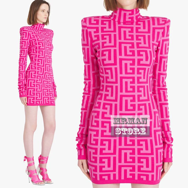 

Best Version 1:1 Spring Knitted Dresses Long Sleeve Hot Pink 3D Abstract Geometric Pattern Mini Party Bodycon Dresses for Women