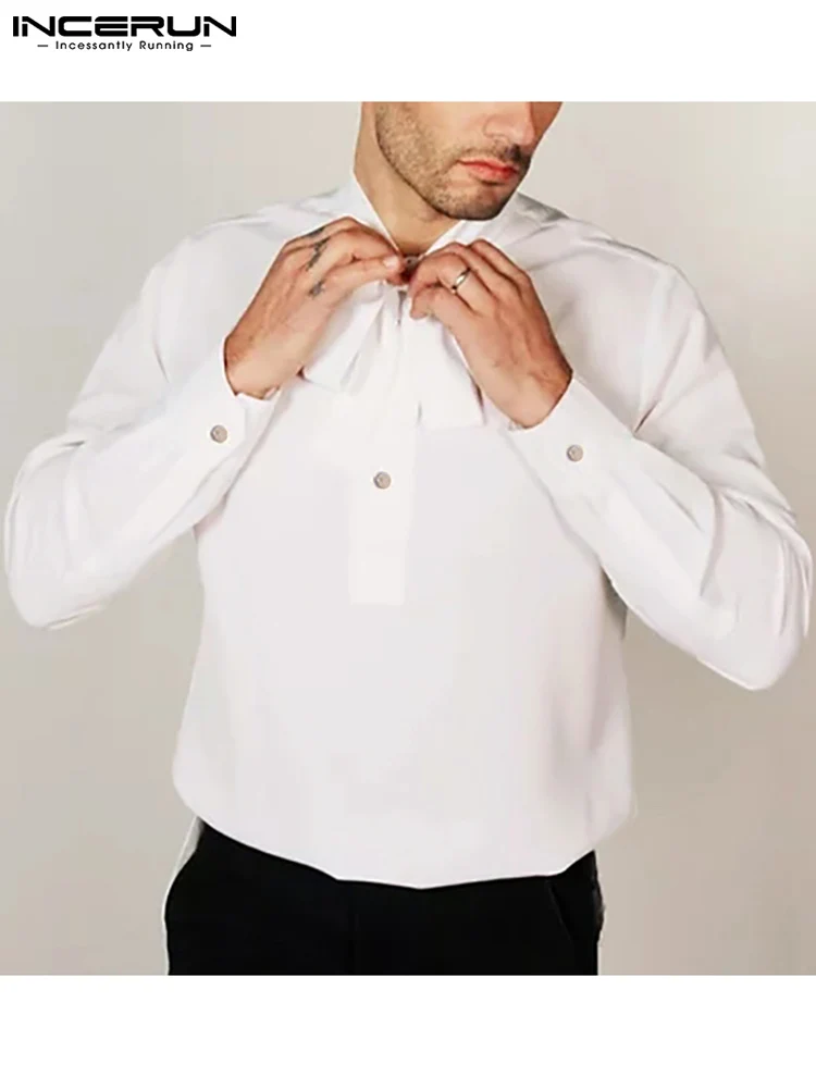 

Fashion Men Casual Shirt 2022 Stand Collar Lace Up Loose Long Sleeve Men Clothing Solid Color Streetwear Leisure Camisas INCERUN