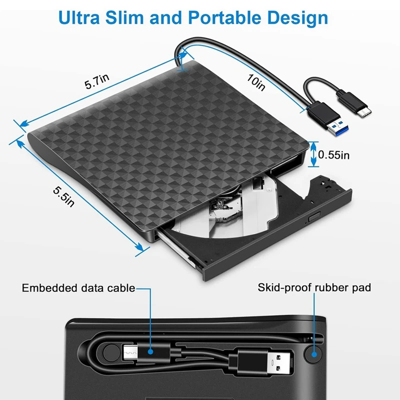 Фото USB 3.0 Type C Внешний CD DVD-плеер Оптический привод-считыватель Портативный DVD-привод CD-считыватель для настольного ноутбука-ABVP №5