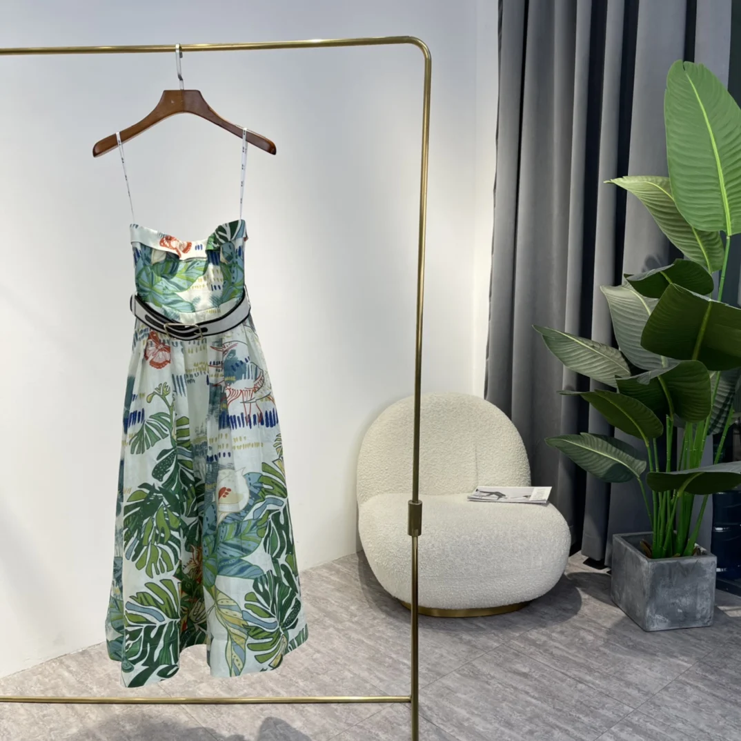 

Hot Sale 2022 Summer New Arrival Beach Style Green Plant Printing A-line Camisole Midi Dress