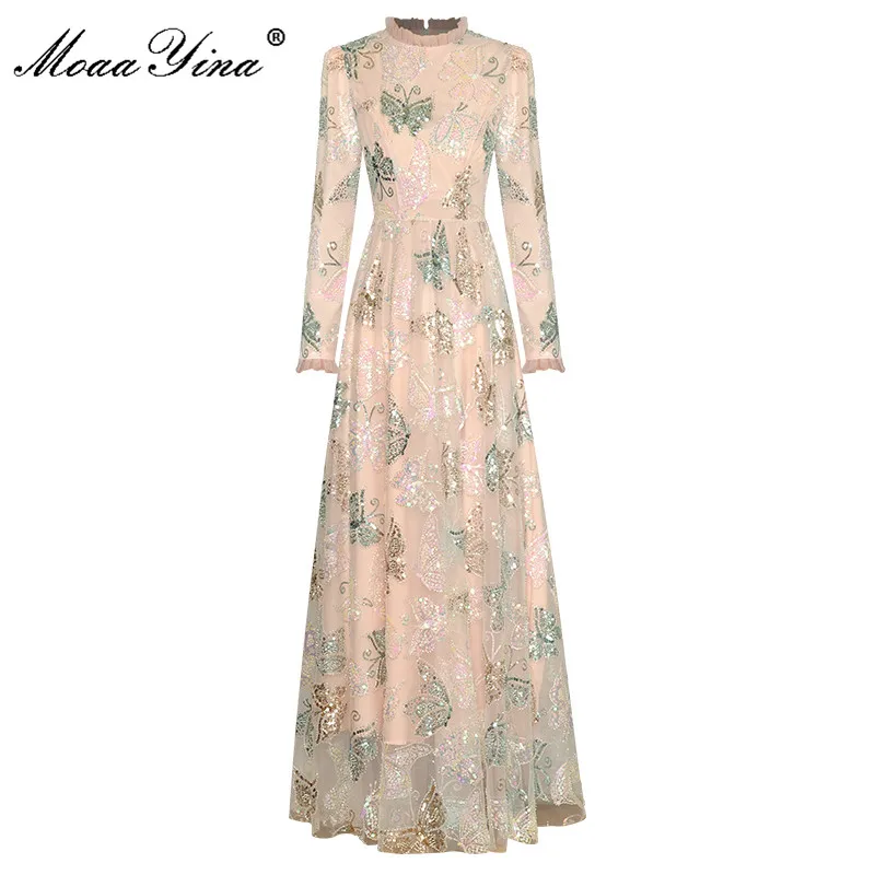 

MoaaYina/модное дизайнерское летнее женское платье с длинным рукавом и бантом, расшитое блестками, великолепные вечерние платья