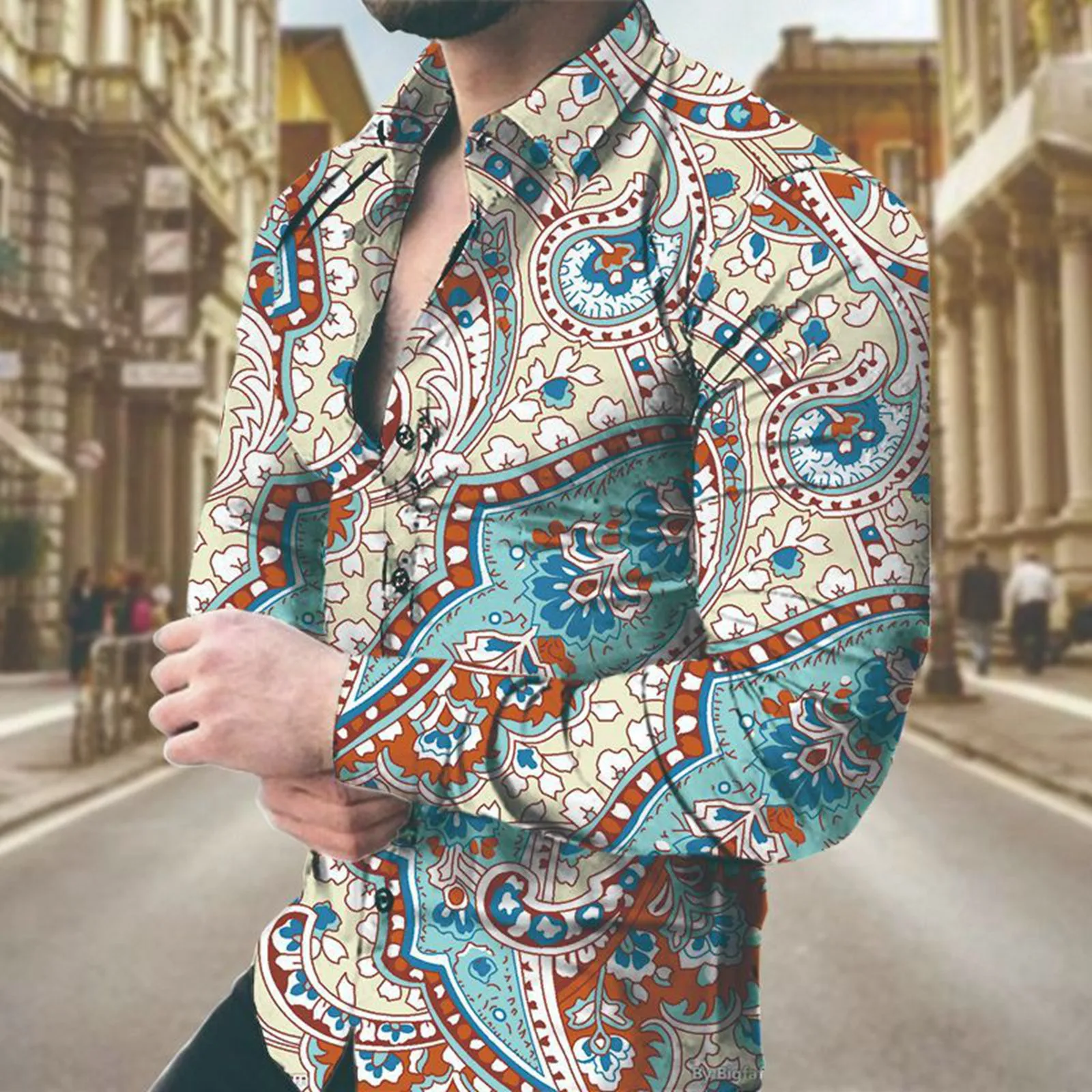 

Spring Autumn Fashion Men Shirts Turn-Down Collar Buttoned Shirt Men'S Casual Digital Paisle Printed Long Sleeve Tops Streetwear
