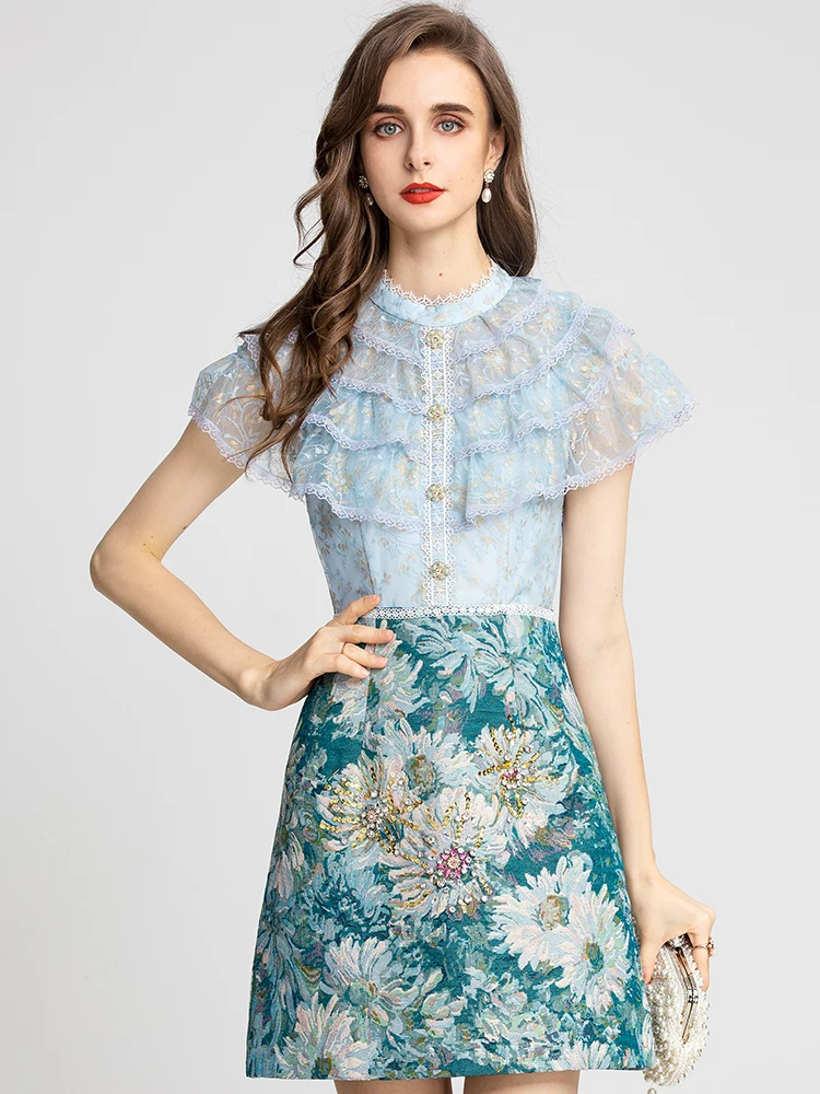 

MoaaYina Fashion Runway dress Summer Women Dress Mesh Ruffles Short sleeve Patchwork Crystal Beads Vintage Jacquard Dresses