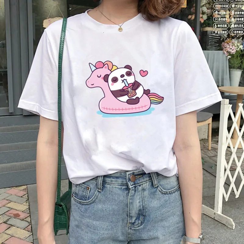

Футболка Kawaii с пандой, женские футболки Boba с молочным чаем для женщин, летняя женская футболка с мультяшным единорогом, топы с принтом, одежд...