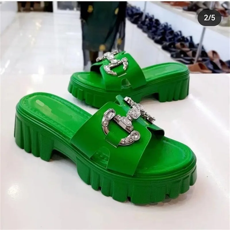 Summer Women Slippers  Platform Leather Slippers Punk Hip-Hop Metal Decorative Mules Chains Thick Bottom Rhinestone Slides