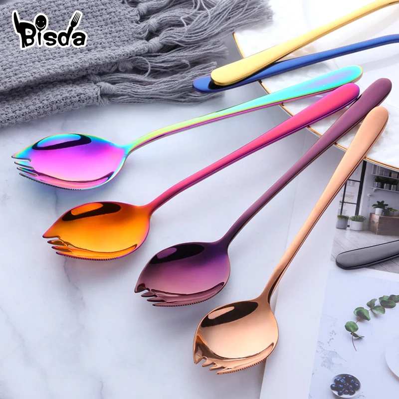 

8PCS Colorful 3 IN 1 Sporks Stainless Steel Dessert Fork Spoon Noodles Salad Fruit Utensils Creative Kitchen Tableware Tools