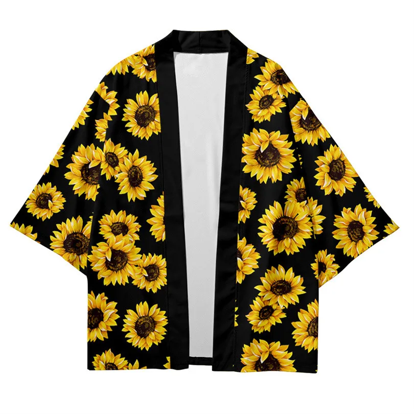 

Summer Male Hawaii Sunflower Print Kimono Cardigan Japanese Men Shirt Blouse Yukata Haori Obi Traditional Samurai Clothing