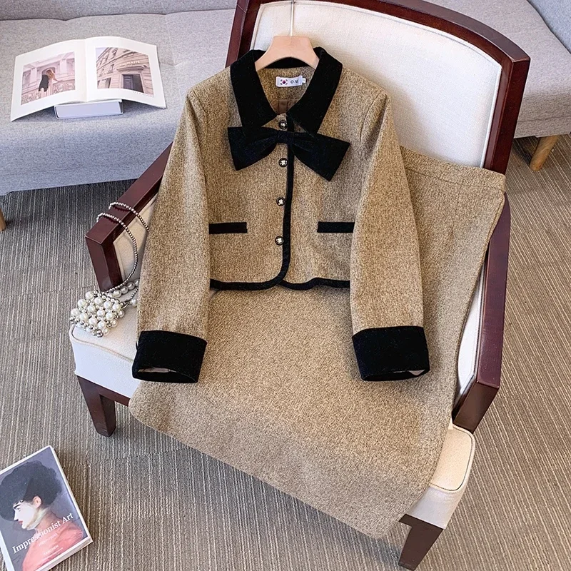 Реальный снимок элегантный классический костюм с бантом женский осенне-зимний