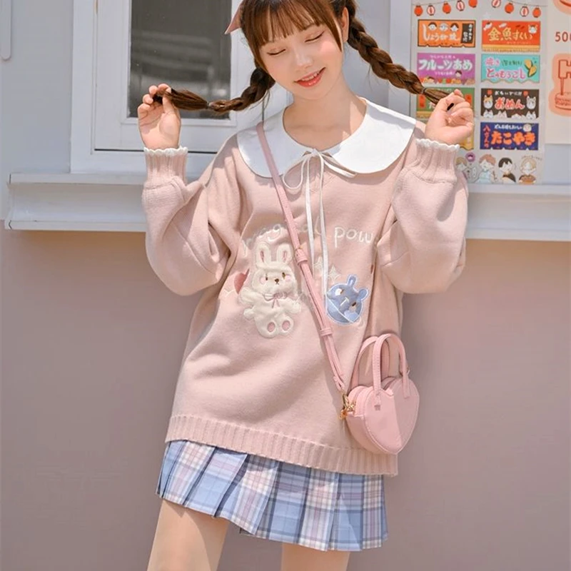 

Y2K мультфильм кролик вышивка свитер Студенты девушки вязаный пуловер Свободный V-образный вырез кавайная одежда Харадзюку корейский Зимний Повседневный