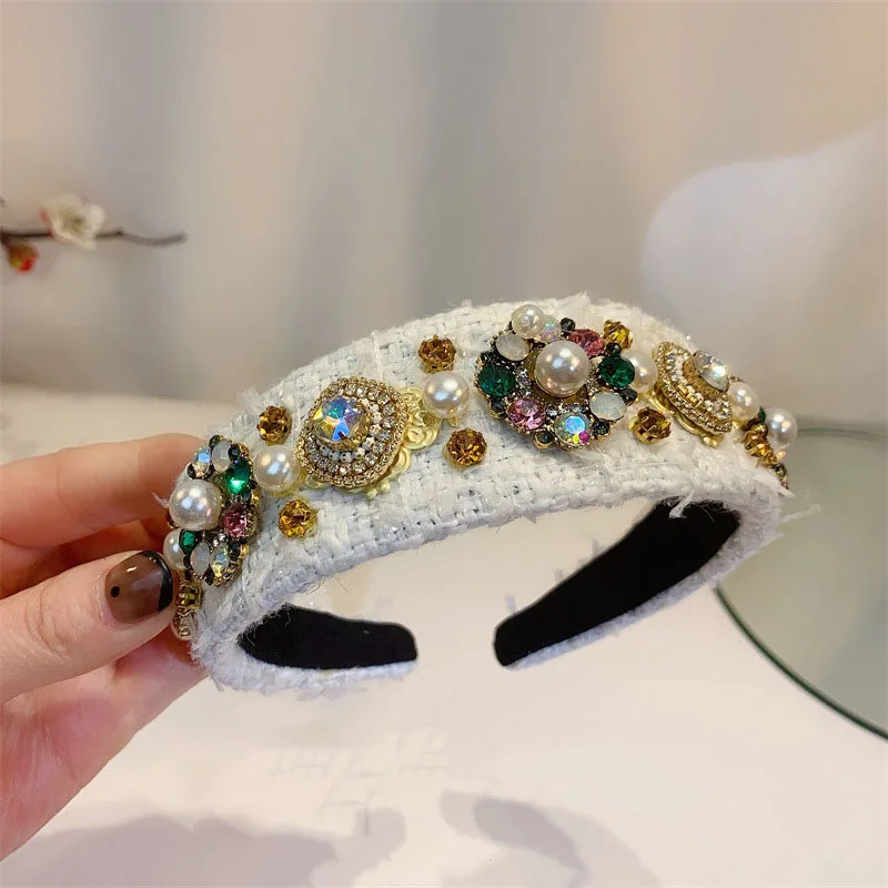 

Luxury Fabric Hair Bands Retro Sparkly Rhinestone Pearl Hairband Headbands For Women Bride Party Holiday Wide Hair Accessories