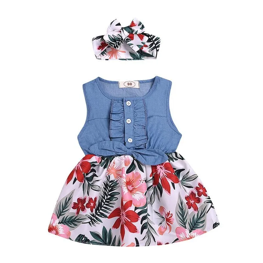 

Джинсовое платье для маленьких девочек, в стиле пэчворк, с цветочным принтом и оборками, летний Повседневный сарафан без рукавов с повязкой ...