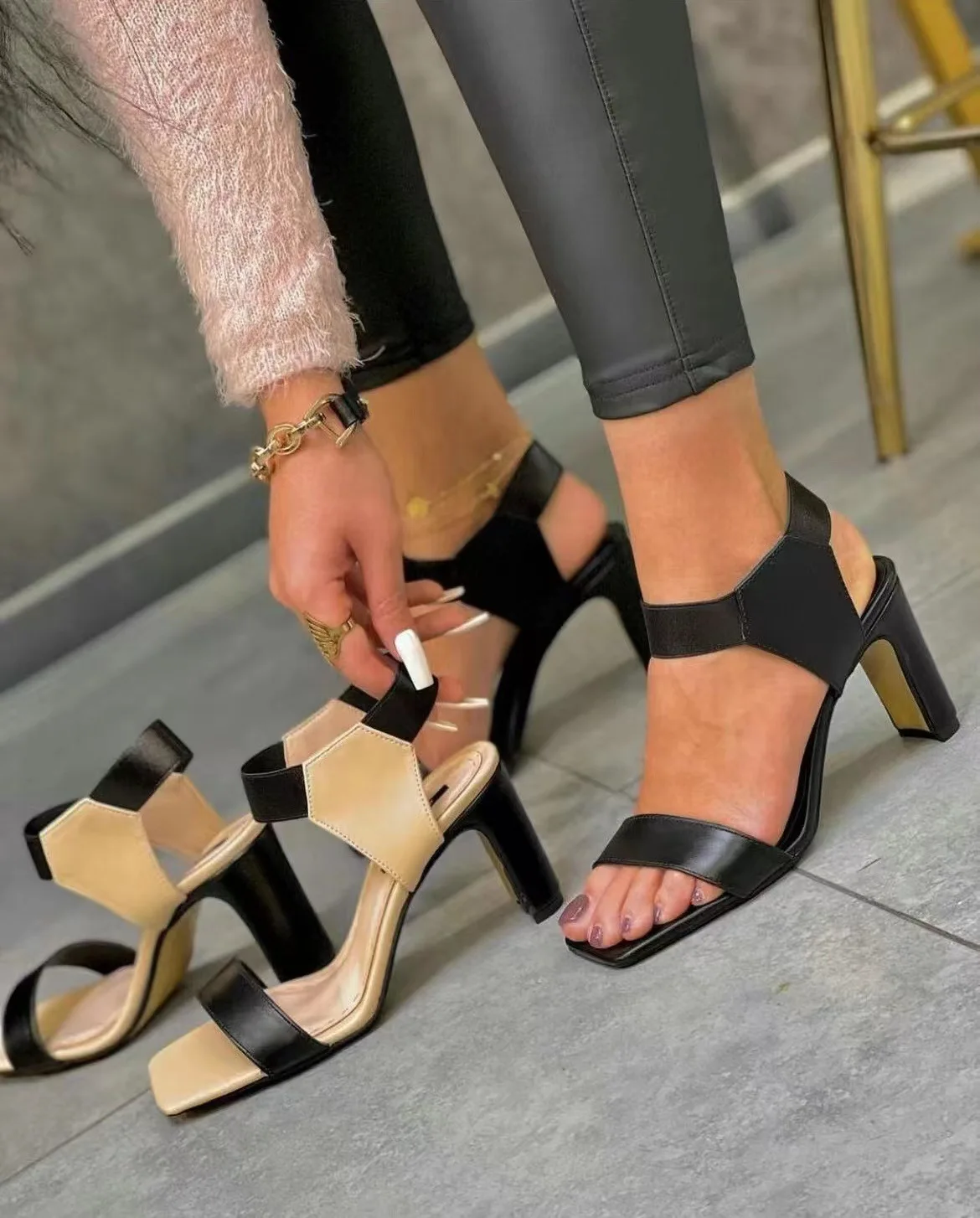 

2022 Summer Fashion Ladies Outdoor Casual Sandals Colorblock Comfortable High Heel Square Toe Open Toe Thick Heel