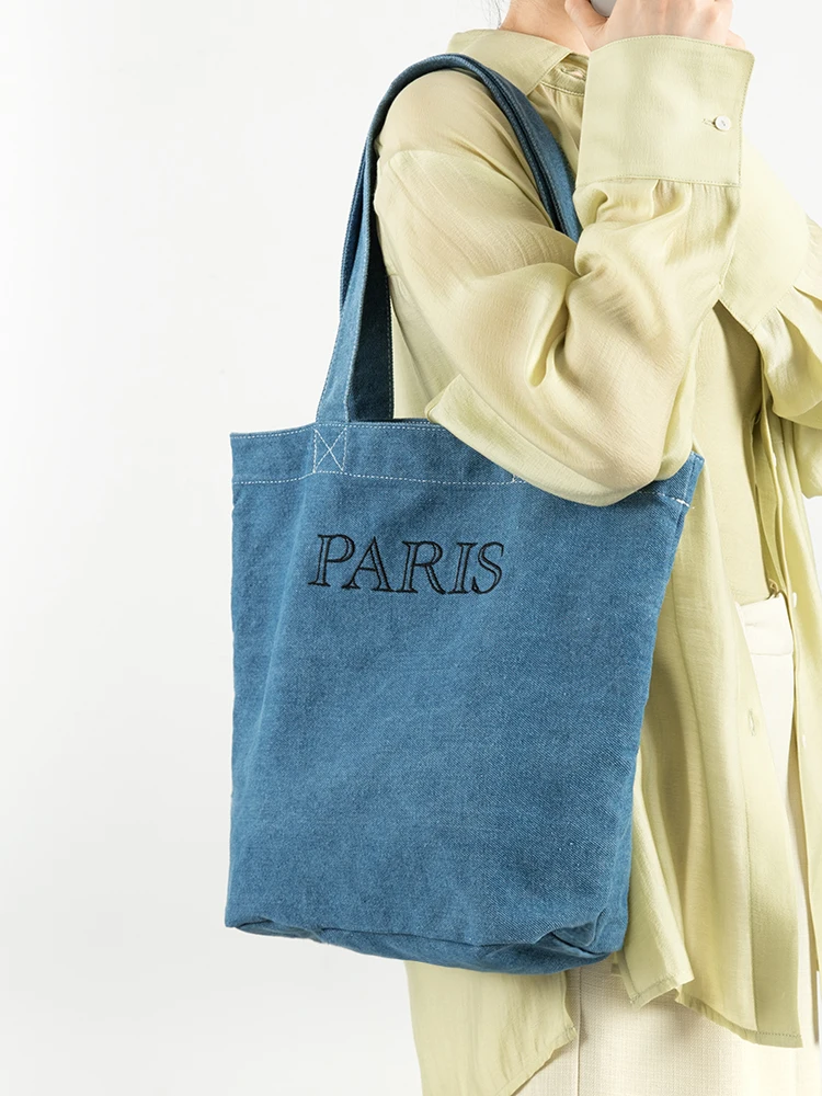 

Embroidered Letters Denim Shoulder Bag for Women Retro Handbag Student Casual Commuter Tote Ladies Solid Simple Top-Handle Bag