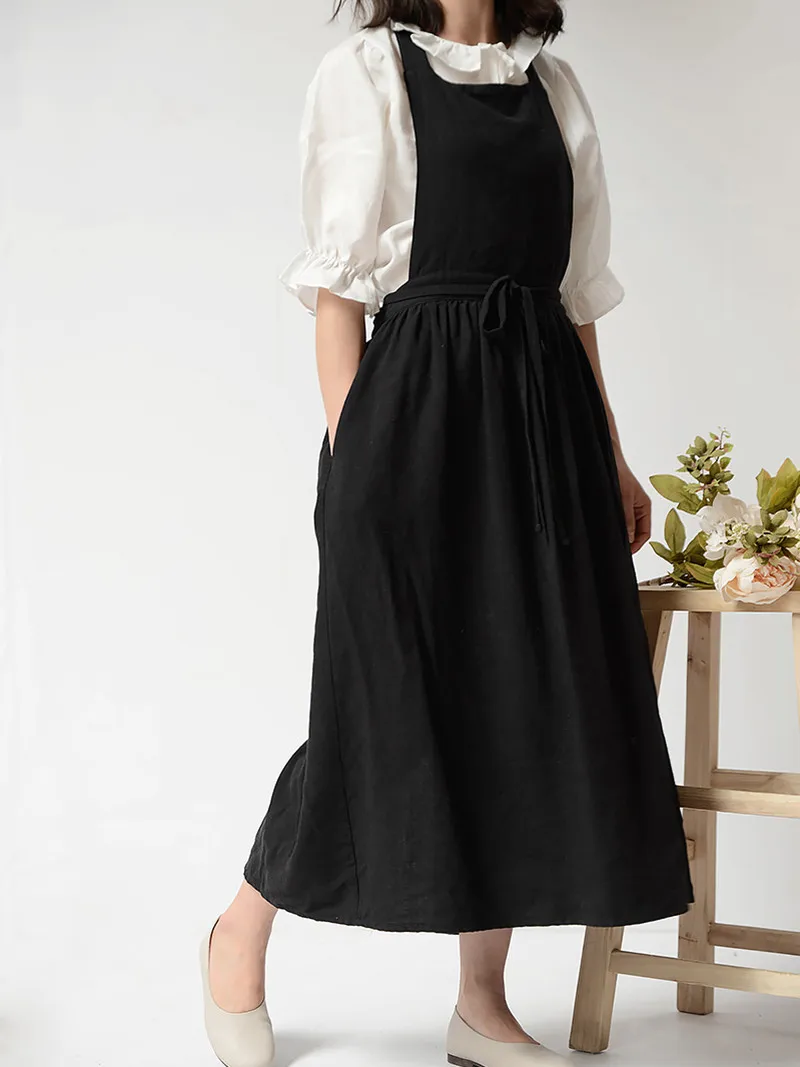 

Janpanese Style Cotton Linen Aprons For Women Unisex Kitchen Cleaning Apron Shoulder Extension High Waist Vintage Work Clothes