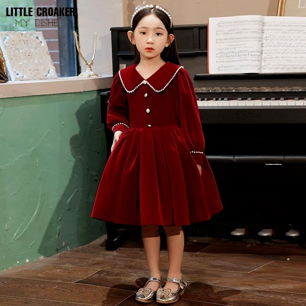 

Boutique Children Clothes Winter Autumn Fall Long Sleeve Pearls Peter Pan Collar Christmas Party Dress for Kids Girl