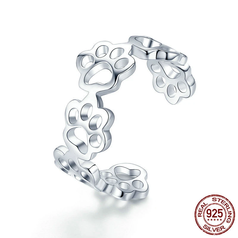 Anello per cani con zampa di impronta in argento Sterling 925 autentico semplice per gioielli da donna con anelli aperti regolabili