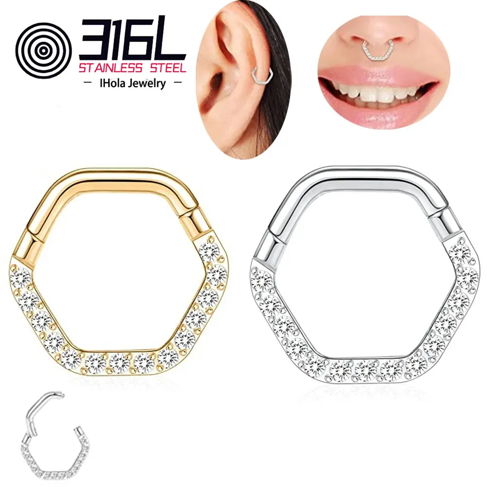 

New Hexagon Nose Ring 316L Surgical Steel Piercing CZ Septum Clicker Segment Ear Tragus Cartilage Helix Daith Body Jewelry