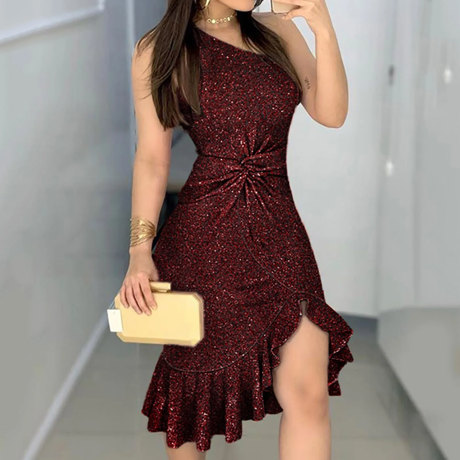 

Summer New Sloping Shoulder Skirt Temperament Wrap Chest Split Dress Casual Belted Dresses for Women