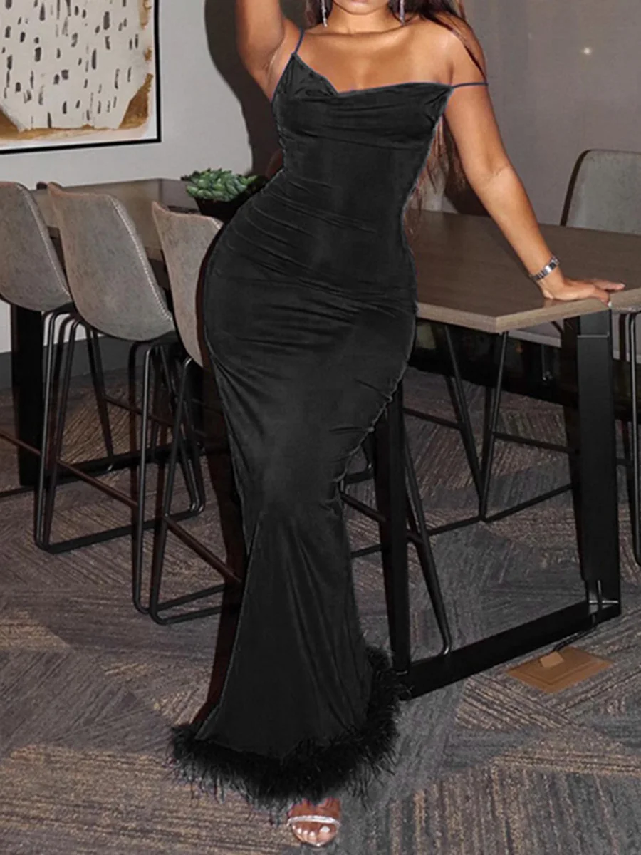 

Summer Spring Women's Bodycon Long Dress Sleeveless Spaghetti Strap Cowl Neck Side Split Party Dress Elegnat Dress