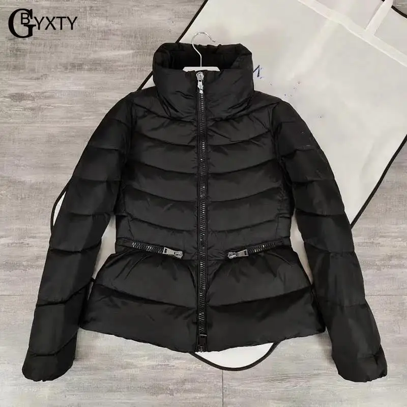 Женский приталенный пуховик с воротником-хомутом на белом утином пуху | Женская