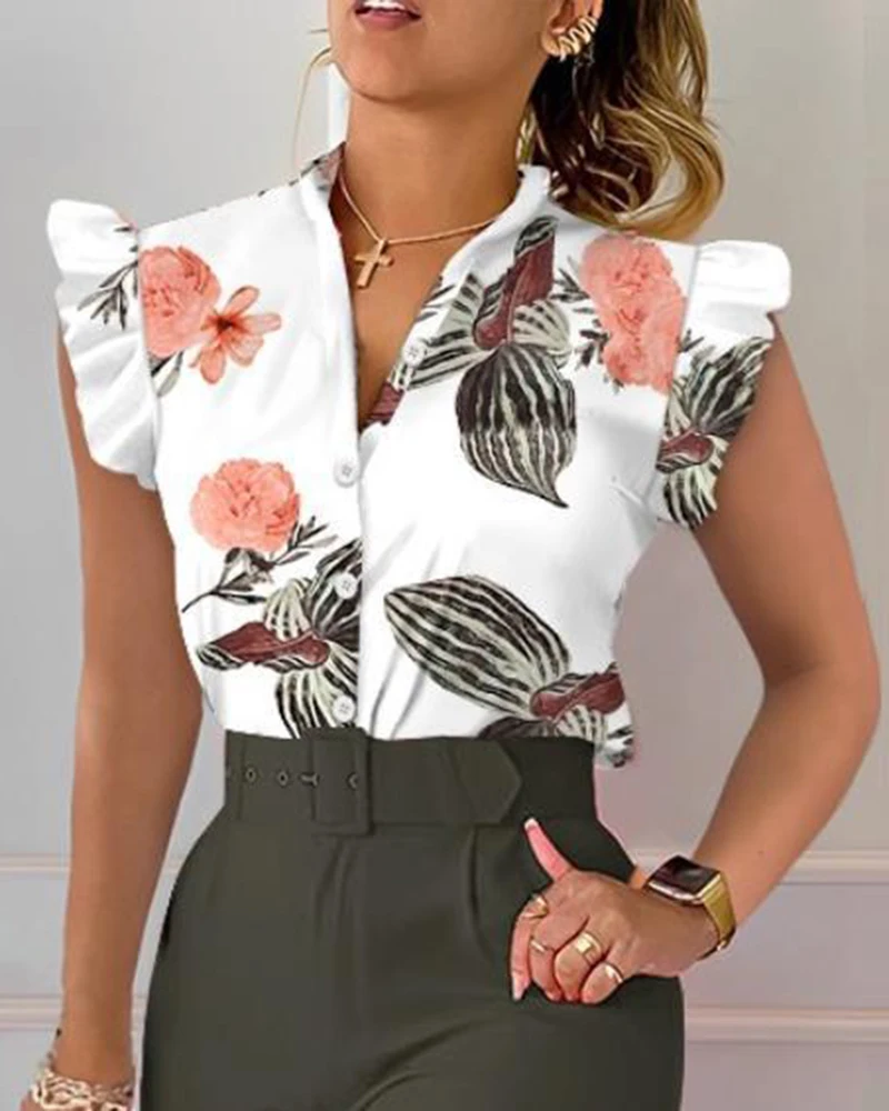 

Casual V Neck Floral Print Shirt Blouse Office Lady Spring Summer Elegant Short Sleeve Shirts For Women 2023 Fashion White Top