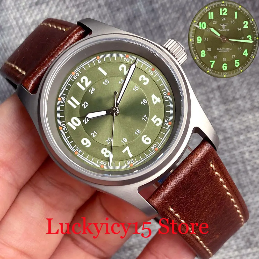 

Tandorio 200m Waterproof 36MM Titanium Watch Case Green Dial Lume Japan NH35A PT5000 Movement Watch Automatic Men Leather Strap