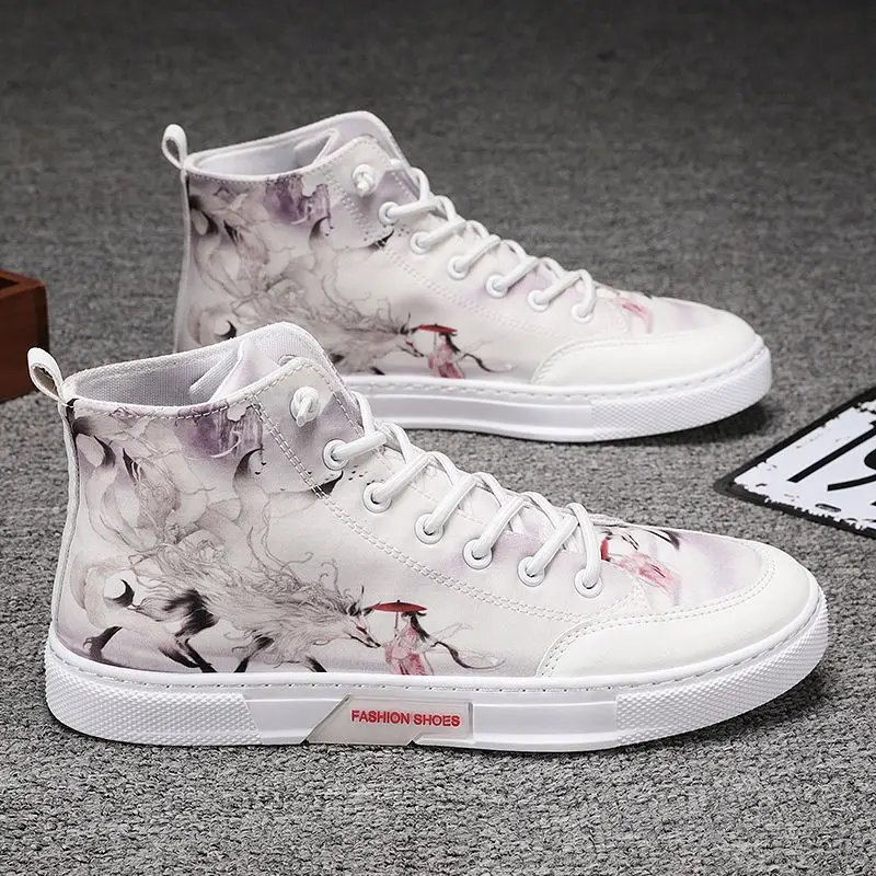 

Кеды мужские высокие в китайском стиле, холщовые кроссовки с граффити, теплая хлопковая обувь для студентов, увеличенный рост, белые