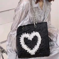 harajuku y2k gothic womens tote bag 2022 japanese black heart lace pleated fabric handbags with zipper big capacity shoulder bag