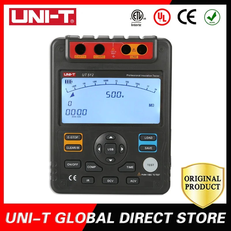 

UNI-T Resistance Tester Megger Insulation Meter Megometer Multimeter LCD Backlight AC DC Voltmeter UT512